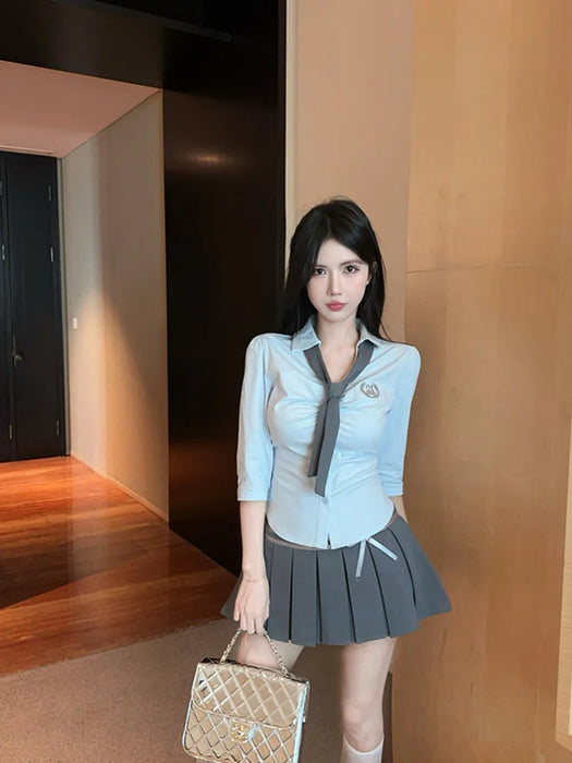 Korean College Sle Sweet And Spicy irt Top with Waist-Cinching Midi Skirt Set Cotton Blend Seven-quarter Sve Tie-waist