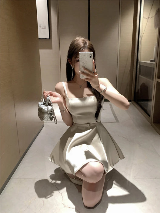 Ele Satin Slim Fit ter Dr Women's Summer High Waist Flared ort Skirt Slimming A-Line Dr Korean Sle Casual Wear