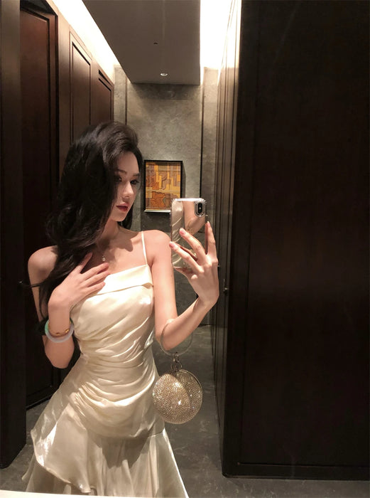 French Elegant Ruffles Sling Women's Mermaid Dresses Prom Gown Soild Zipper Tierred Shoulder Dress 2025 Summer Chic New Vestidos