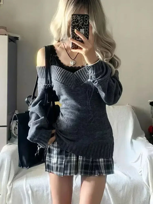 3 Pieces Set Outfits Women Korean Style Two Piece Set Knit Top Pleated Plaid Skirt Matching Set New 2000s Clothes Y2k Gyaru Girl