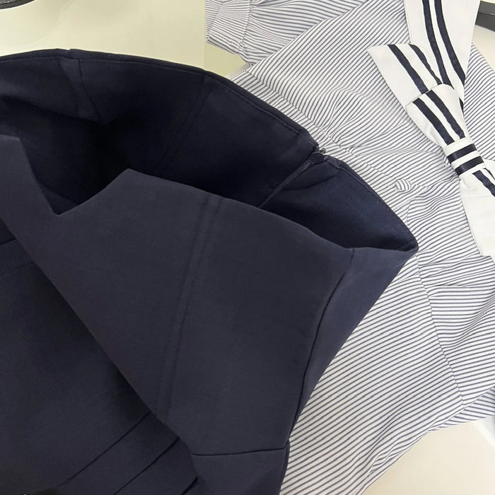 Summer Women Shoujo Korean Preppy Outfits 2 Piece School Uniform Set Striped Crop Sailor Collar Shirt + High Waist Pleated Skirt