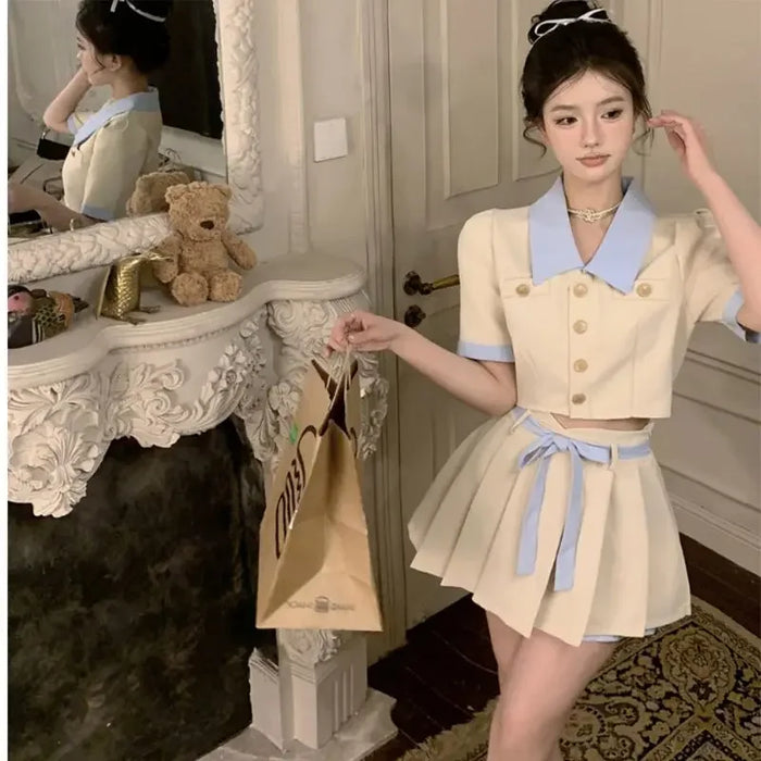Kawaii 2 Pieces Skirt Sets for Women Vacation 2025 New Matching in The Same Full Summer Fashion Clothing Trend Woman Outfit