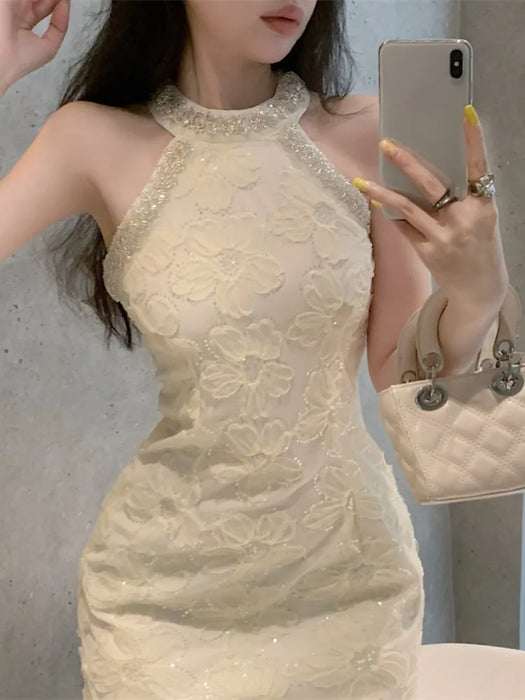 VenusFox Evening Dresses Women Flowers Elegant Mesh Patchwork Sleeveless Rhinestone Hollow Out Wedding Party Cocktail Birthday
