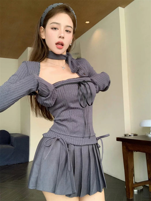 Korean Chic Spicy Girl Long Sleeve Cardigan Slim Fit Tube Top Bow High Waist Pleated Short Skirt Set Two Piece Set Women Outfits