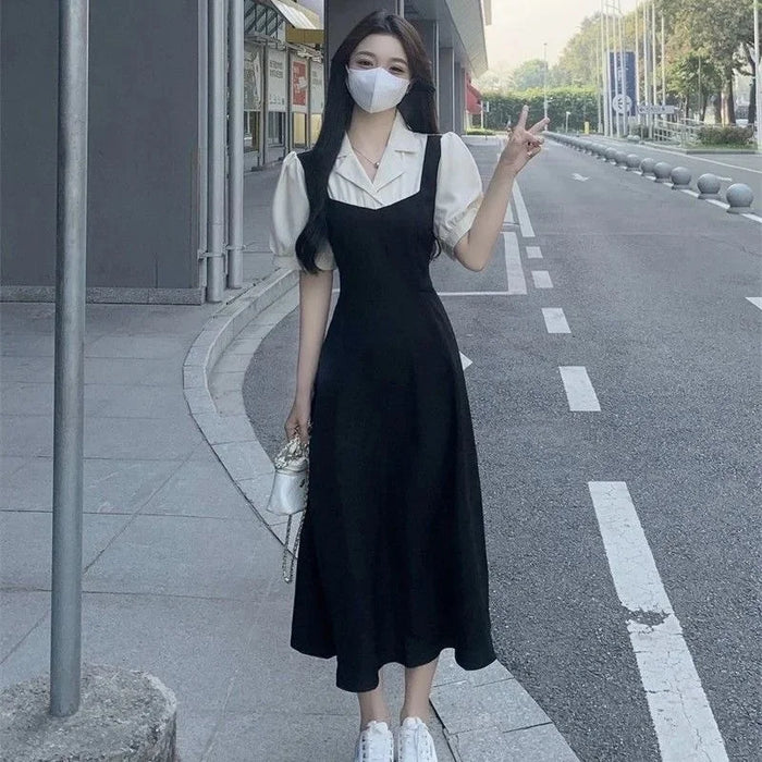 VenusFox Plus Size Color Block Shirt Dress Women's Summer New Style Slimming Hepburn Style Midi Dress Fake Two-Piece Waist-Cinching