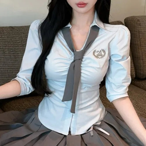 Korean College Sle Sweet And Spicy irt Top with Waist-Cinching Midi Skirt Set Cotton Blend Seven-quarter Sve Tie-waist