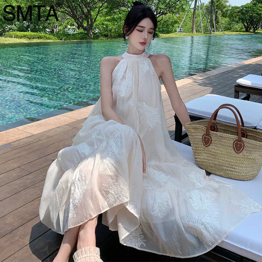 VenusFox Temperament Bohemian Seaside Resort Style Sexy Loose Hanging Neck Character Embroidery Sleeveless Midi Dress Women Summer
