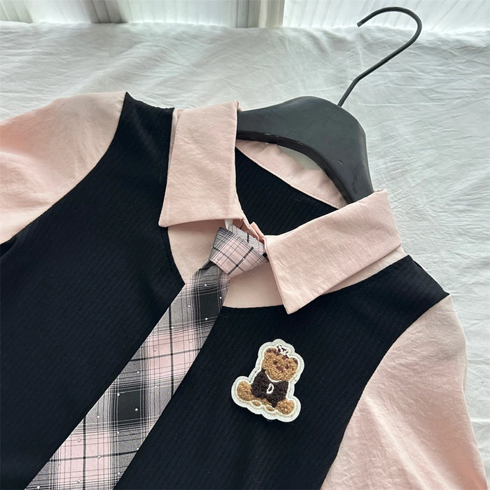 Summer Women Korean Shoujo Idols 2000s Gyaru Outfits 2 Piece Set Short Sleeve Crop Top With Tie + Mini Plaid Pleated Skirts