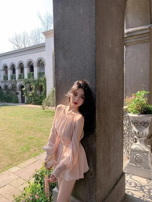 VenusFox Mini Dresses Women Spring Summer Off Shoulder Puff Long Sleeve Chiffon Sweet Ruched Elegant Dress Female Casual Fashion