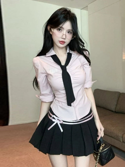 Korean College Sle Sweet And Spicy irt Top with Waist-Cinching Midi Skirt Set Cotton Blend Seven-quarter Sve Tie-waist