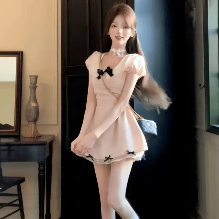 VenusFox French Cute Girl Pink Dress 2025 Summer Women New Gentle Lace Sweet Fresh Slimming Temperament Bow A-line Short Dresses