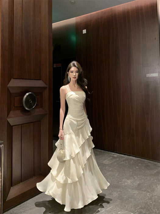 French Elegant Ruffles Sling Women's Mermaid Dresses Prom Gown Soild Zipper Tierred Shoulder Dress 2025 Summer Chic New Vestidos