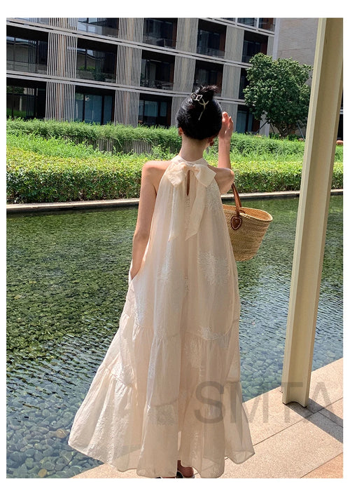 VenusFox Temperament Bohemian Seaside Resort Style Sexy Loose Hanging Neck Character Embroidery Sleeveless Midi Dress Women Summer