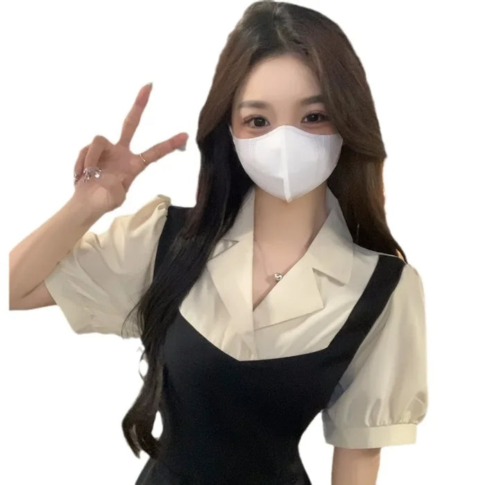 VenusFox Plus Size Color Block Shirt Dress Women's Summer New Style Slimming Hepburn Style Midi Dress Fake Two-Piece Waist-Cinching