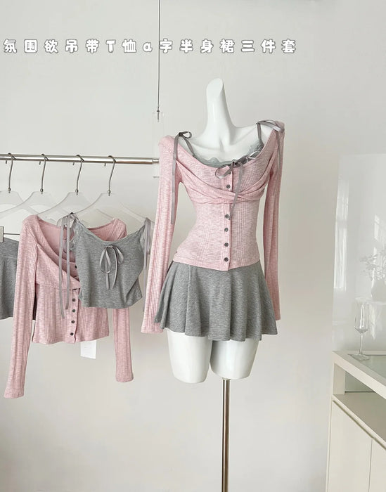 2025 Spring Women Birthday Ballet Core Korean Fashion Outfits 3 Piece Set Shoujo Lace Camisole +  Long Sleeve Tops + Mini Skirts