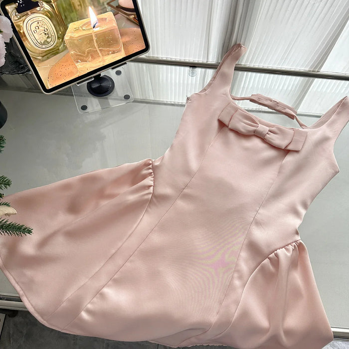 Summer Women Ballet Core Preppy Bow Satins A-line Dress Mini Frocks Backless One-Piece Evening Party Shoujo Gyaru Old Money