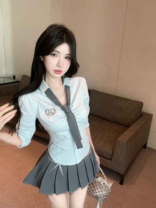 Korean College Sle Sweet And Spicy irt Top with Waist-Cinching Midi Skirt Set Cotton Blend Seven-quarter Sve Tie-waist