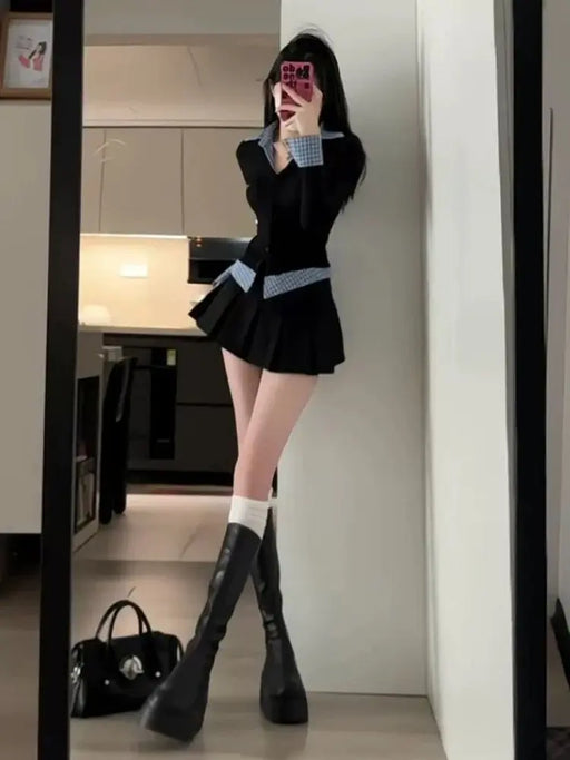 Sweet And Spicy Korean Sle irt And Skirt Set Women's Early Spring College Sle Stripe Splicing Pleated Skirt Two Piece S...