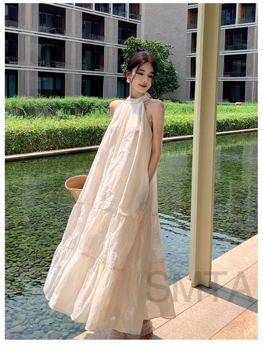 VenusFox Temperament Bohemian Seaside Resort Style Sexy Loose Hanging Neck Character Embroidery Sleeveless Midi Dress Women Summer