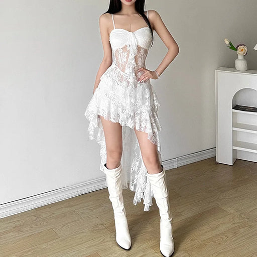 VenusFox Women Lace Irregular Long Dress Camis Sheath Sensual Sheer Dress Fashion Streetwear Hollow Out Ruffles Sexy Dresses