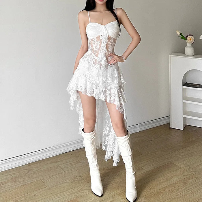 VenusFox Women Lace Irregular Long Dress Camis Sheath Sensual Sheer Dress Fashion Streetwear Hollow Out Ruffles Sexy Dresses