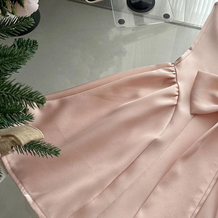 Summer Women Ballet Core Preppy Bow Satins A-line Dress Mini Frocks Backless One-Piece Evening Party Shoujo Gyaru Old Money