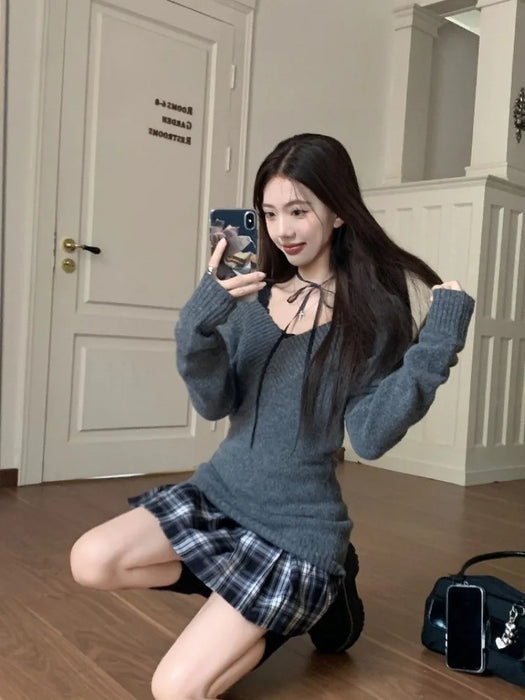3 Pieces Set Outfits Women Korean Style Two Piece Set Knit Top Pleated Plaid Skirt Matching Set New 2000s Clothes Y2k Gyaru Girl