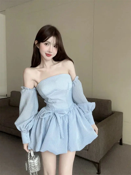 VenusFox French Strapless Dress Women Spring Summer Temperament High-end Sexy Backless Princess Puffy Dresses Shorts Set