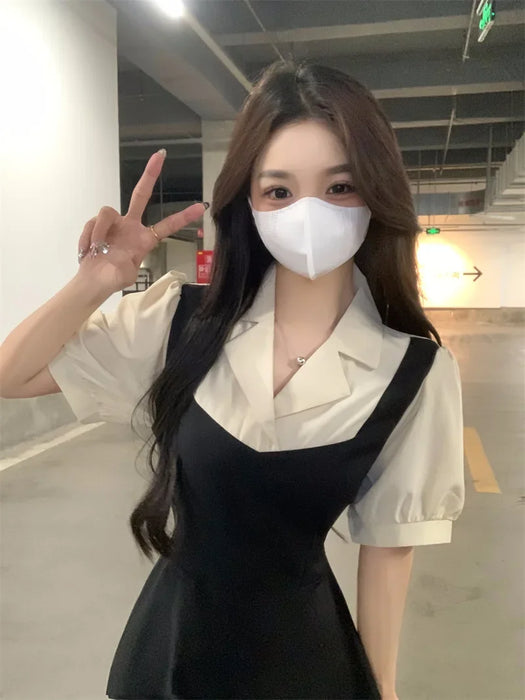 VenusFox Plus Size Color Block Shirt Dress Women's Summer New Style Slimming Hepburn Style Midi Dress Fake Two-Piece Waist-Cinching