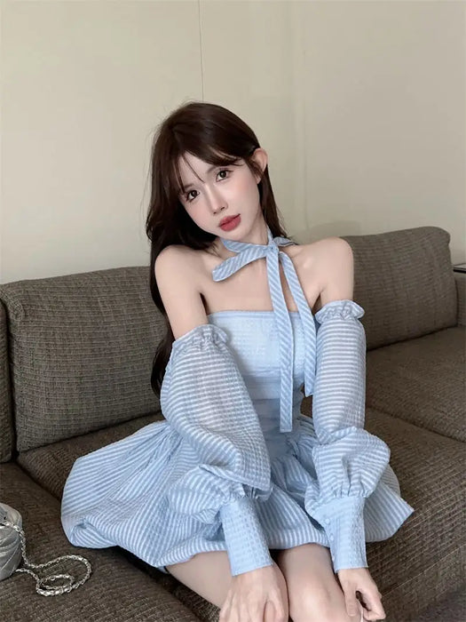VenusFox French Strapless Dress Women Spring Summer Temperament High-end Sexy Backless Princess Puffy Dresses Shorts Set