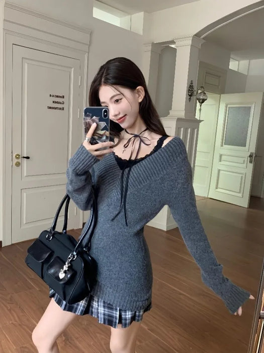 3 Pieces Set Outfits Women Korean Style Two Piece Set Knit Top Pleated Plaid Skirt Matching Set New 2000s Clothes Y2k Gyaru Girl