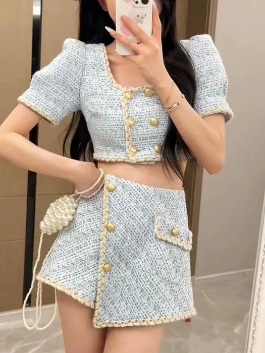 Elegant Chic Vintage Tweed Sets Women Outfits Puff Sleeve Double Breasted Cropped Tops + Asymmetrical Mini Skirt Two Piece Suits