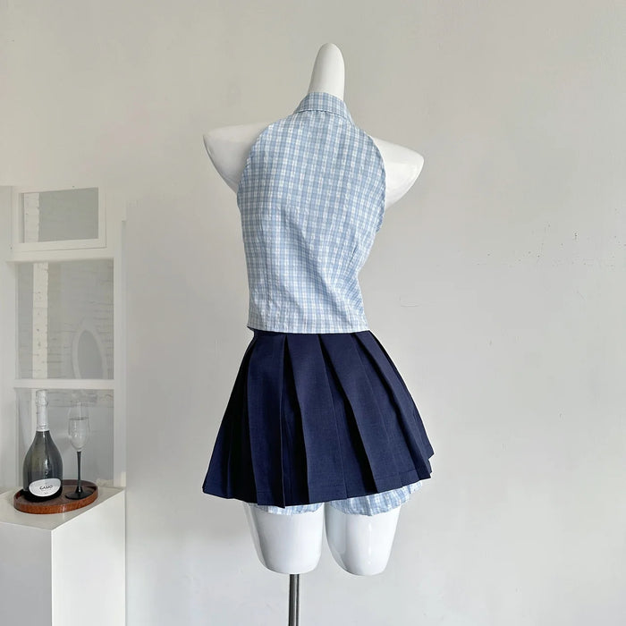 Summer Women Kpop Preppy Style 2000s Aesthetic Outfits 2 Piece Set Bow Plaid Tank Tops + High Waist A-line Mini Pleated Skirt