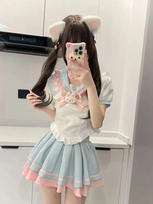 Y2k Sweet Style Skirt Set Bow Tie Peter Pan Collar Top High-Waist Puffy Skirt 2 Piece Set Summer Preppy JK Sailor Uniform Outfit