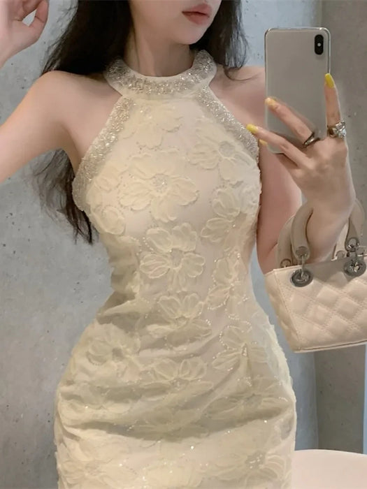 VenusFox Evening Dresses Women Flowers Elegant Mesh Patchwork Sleeveless Rhinestone Hollow Out Wedding Party Cocktail Birthday
