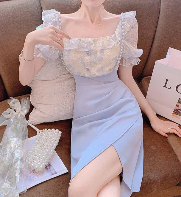 2 Pieces Sets for Women Short Sleeve Skirt Slit Kawaii Clothing Trend 2024 Formal Occasion Luxury Designer Event Woman Outfit