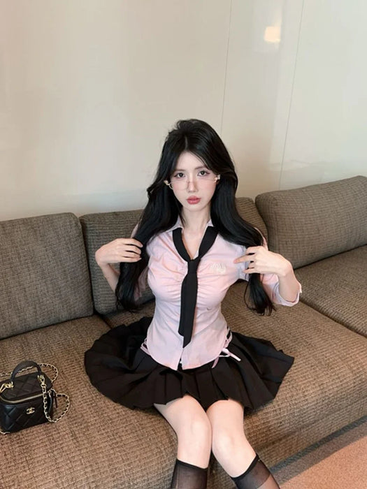 Korean College Sle Sweet And Spicy irt Top with Waist-Cinching Midi Skirt Set Cotton Blend Seven-quarter Sve Tie-waist