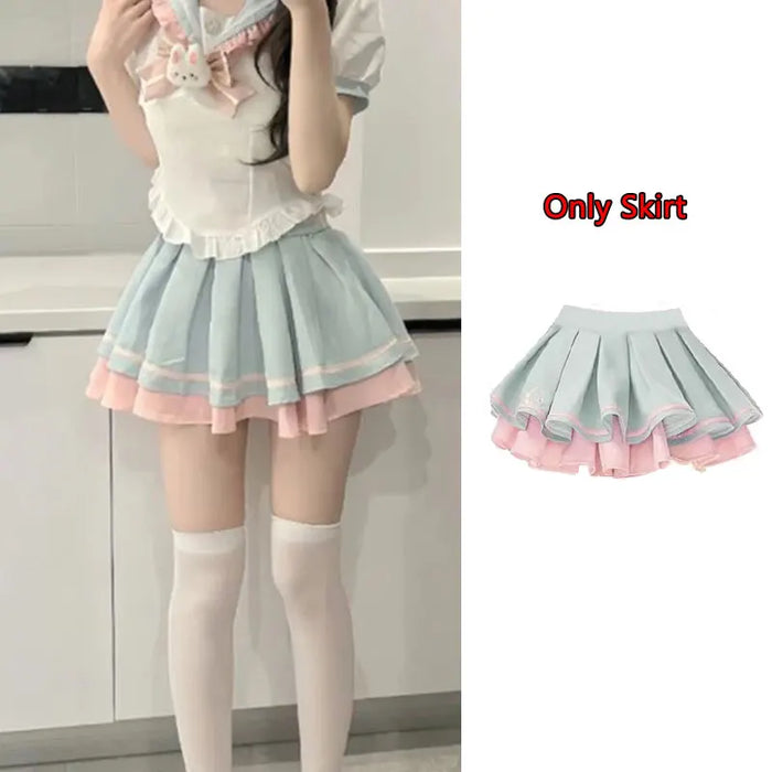 Y2k Sweet Style Skirt Set Bow Tie Peter Pan Collar Top High-Waist Puffy Skirt 2 Piece Set Summer Preppy JK Sailor Uniform Outfit