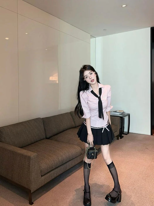 Korean College Sle Sweet And Spicy irt Top with Waist-Cinching Midi Skirt Set Cotton Blend Seven-quarter Sve Tie-waist