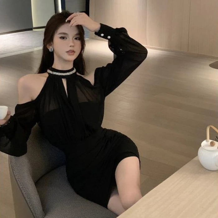 Off Shoulder Dresses for Women Spring Autumn 2025 Beach Korean Fashion One Pieces Curvy Hot Kpop Chiffon Woman Long Sleeve Dress