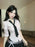 Korean College Sle Sweet And Spicy irt Top with Waist-Cinching Midi Skirt Set Cotton Blend Seven-quarter Sve Tie-waist