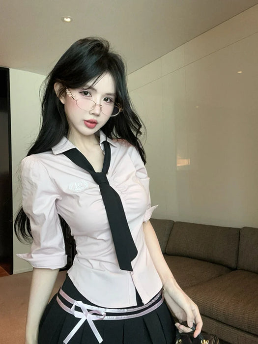 Korean College Sle Sweet And Spicy irt Top with Waist-Cinching Midi Skirt Set Cotton Blend Seven-quarter Sve Tie-waist