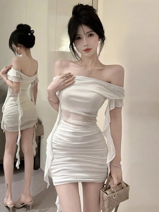 VenusFox Woman Dress Strapless Ruffles Sweet Off Shoulder Patchwork Slim Sweet Backless Summer Fashion Party Mini Dresses Sexy