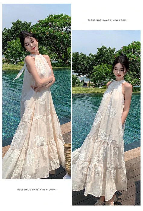 VenusFox Temperament Bohemian Seaside Resort Style Sexy Loose Hanging Neck Character Embroidery Sleeveless Midi Dress Women Summer