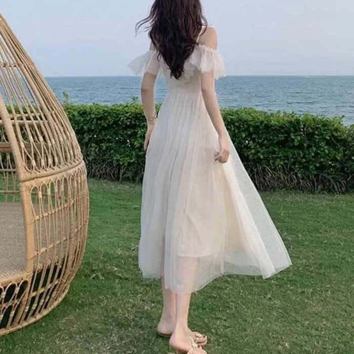 Mesh Dress Woman 2023 Summer Fairycore  Low Chest Off Shoulder Lace-Up White Dresses Women Sexy Sweet Spaghetti Strap Dress