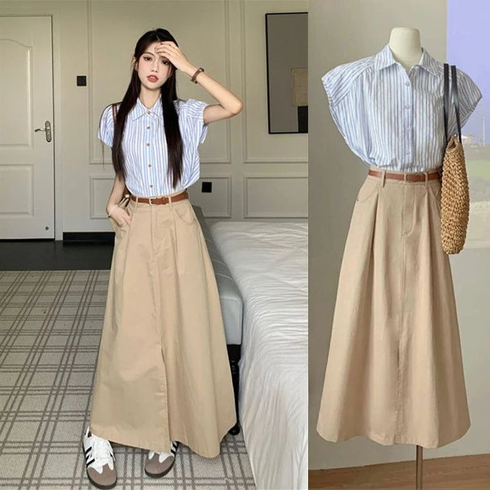 Slit Stripe Women's Two Skirt Piece Set Festival Elegant Casual Vintage New in The Same Korean Style Co Ord Chic Female Outfits