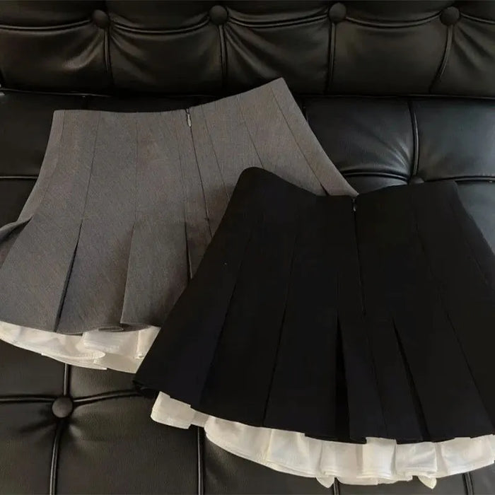 Ruffles Black Mini Skirt Women Korean Patchwork Pleated Skirts Japanese Kawaii High Waist All Match A Line Skirt New