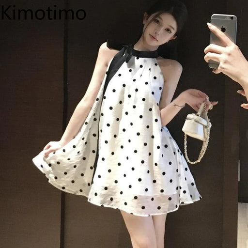 Kimotimo Fairy Halter Polka Dot Mini Dress Women Summer Lace Up Bow Off Shoulder Chiffon A-line Dresses Fashion Party Vestidos