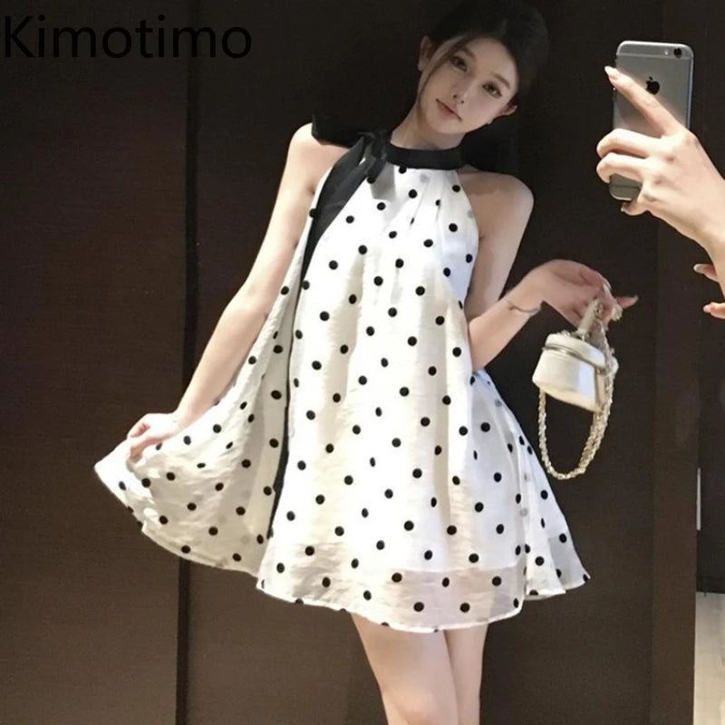 VenusFox Fairy Halter Polka Dot Mini Dress Women Summer Lace Up Bow Off Shoulder Chiffon A-line Dresses Fashion Party Vestidos