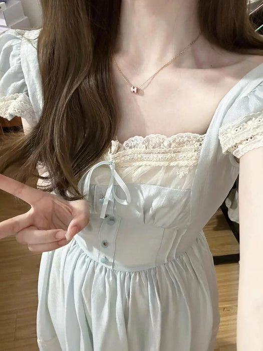 VenusFox French Retro Fairy Style Small Flying Sleeves Summer New Korean Temperament Lace Bow Blue Forest Style Dress Women